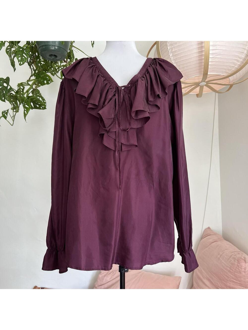 Vintage New York Studio 100% Silk Ruffle Tie Blouse M Plum Dark Academia Gothic